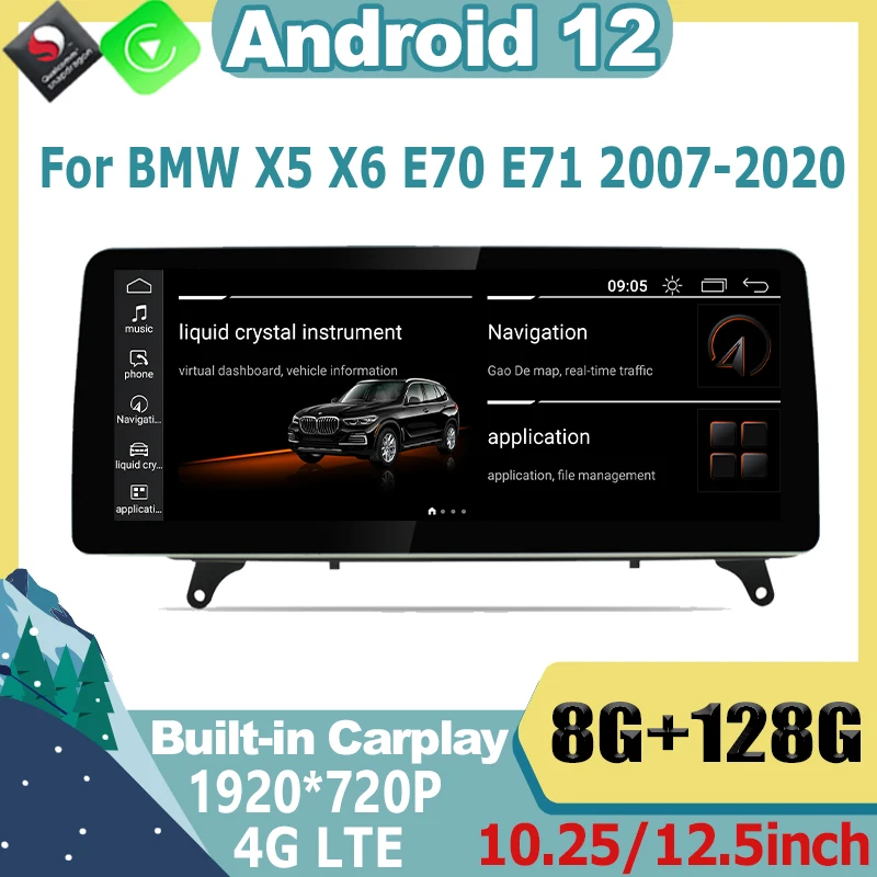 Android 12 Qualcomm Радио Стерео Автомобильный Мультимедийный Плеер GPS Для BMW X5 X6 E70 E71 2007 2008 2009 2010 2011 2012 2013-2020 CarPlay Изображение 0