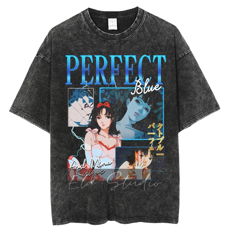 Японская аниме винтажная выстиранная идеальная синяя футболка для мужчин и женщин, модная повседневная хлопковая футболка с круглым вырезом и коротким рукавом Изображение 0