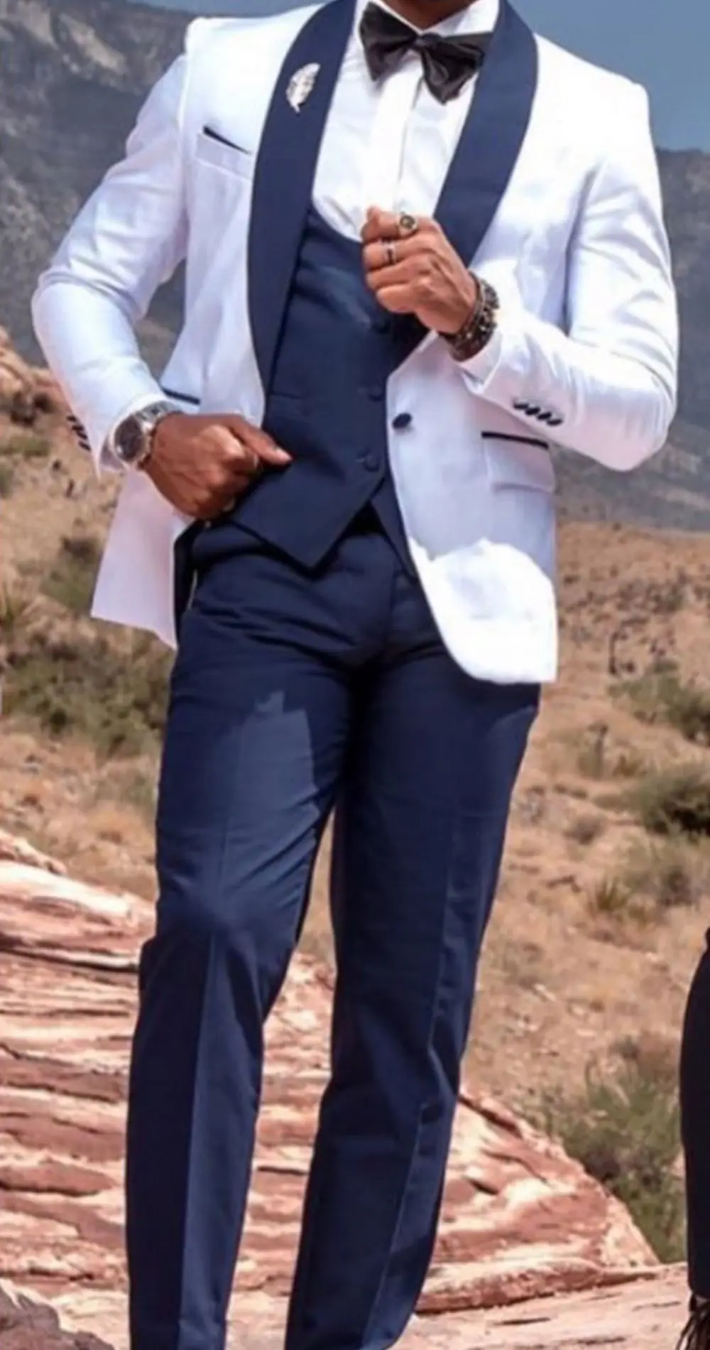 Мужские костюмы темно-синего и белого цветов, Смокинги для жениха, Шаль с лацканами, комплект из 3 предметов (куртка + брюки + жилет), Костюм Mariage Homme Изображение 0