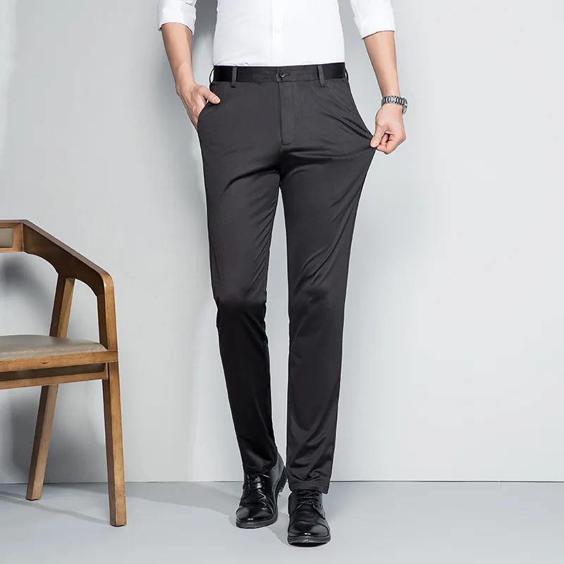 Lansboter/ черные весенне-летние Новые повседневные брюки, мужские тонкие трикотажные брюки-стрейч в корейском стиле, прямая трубка со средней талией Изображение 0