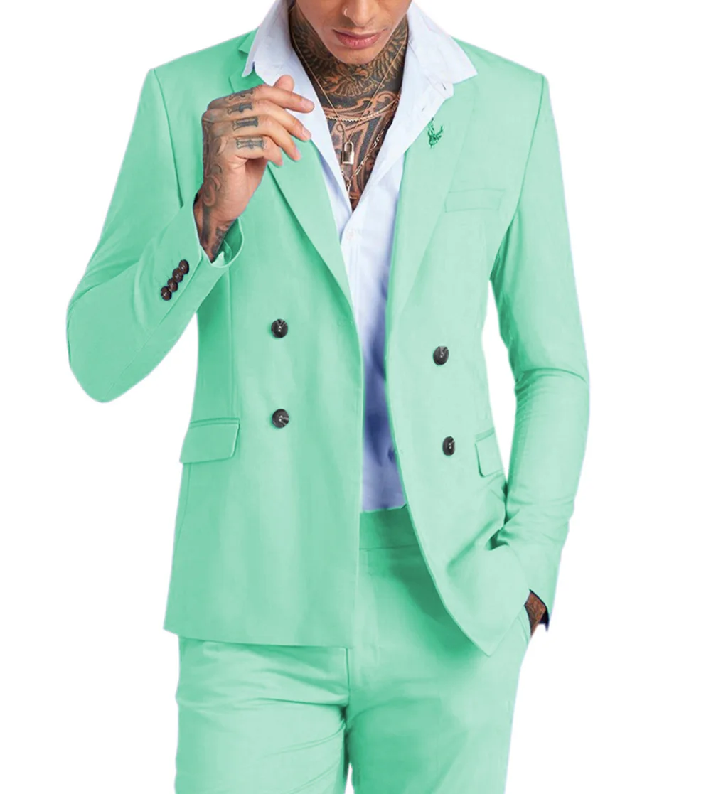 Обычные Мужские костюмы, 2 предмета, Мятно-зеленый Двубортный Смокинг, Официальные Деловые костюмы Жениха, Костюмы для Свадьбы (блейзер + брюки) Изображение 0