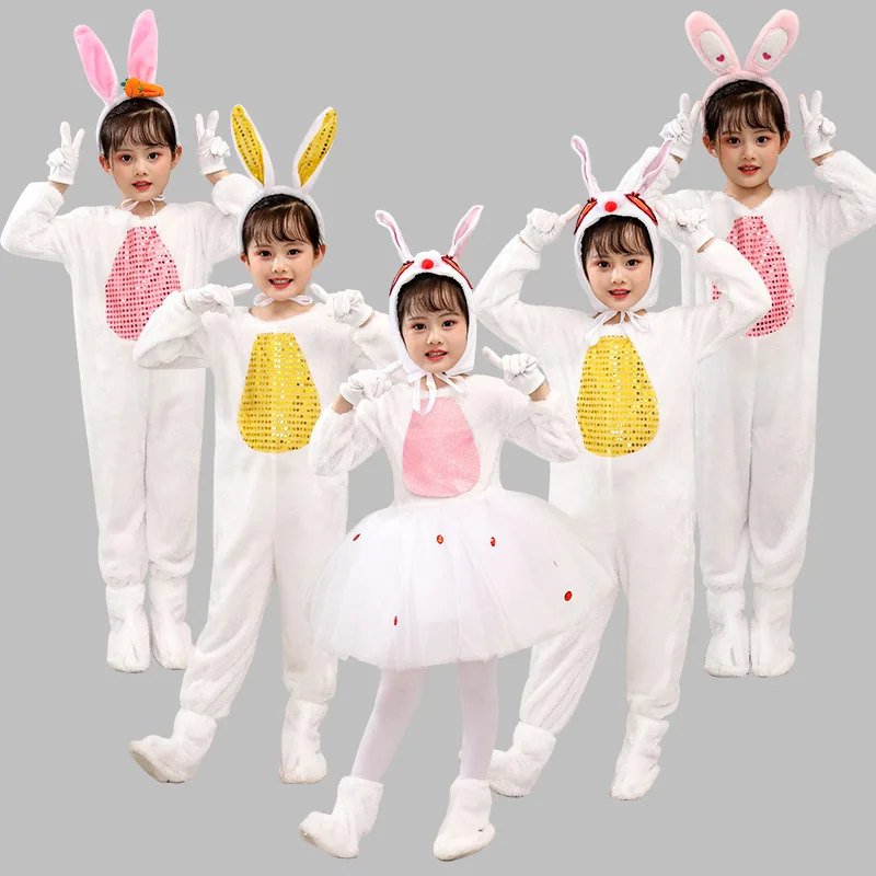 Детские костюмы для выступлений с кроликом, Комплект одежды с милыми животными, одежда для студенческих вечеринок, одежда для танцев, Юбка из пряжи для сцены детского сада Изображение 0