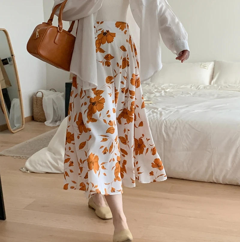 Женская пышная юбка с принтом и высокой талией, Элегантная Корейская модная Шифоновая юбка трапециевидной формы, Повседневная летняя одежда Изображение 0