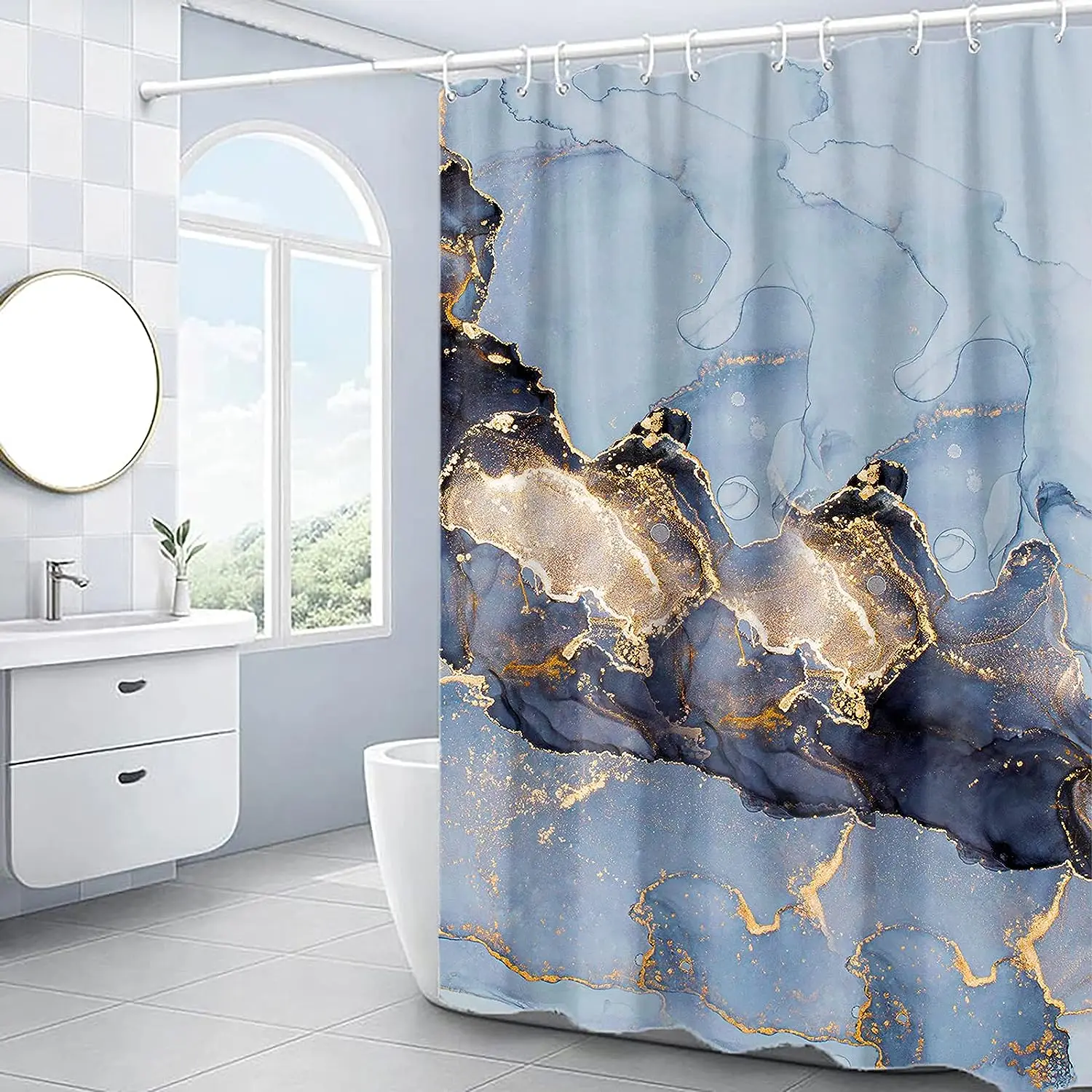 Занавески для душа из голубого Золота, мрамора, Золотые потрескавшиеся линии, Абстрактные Современные домашние Моющиеся занавески из полиэстеровой ткани для ванной, декор ванной комнаты Изображение 1
