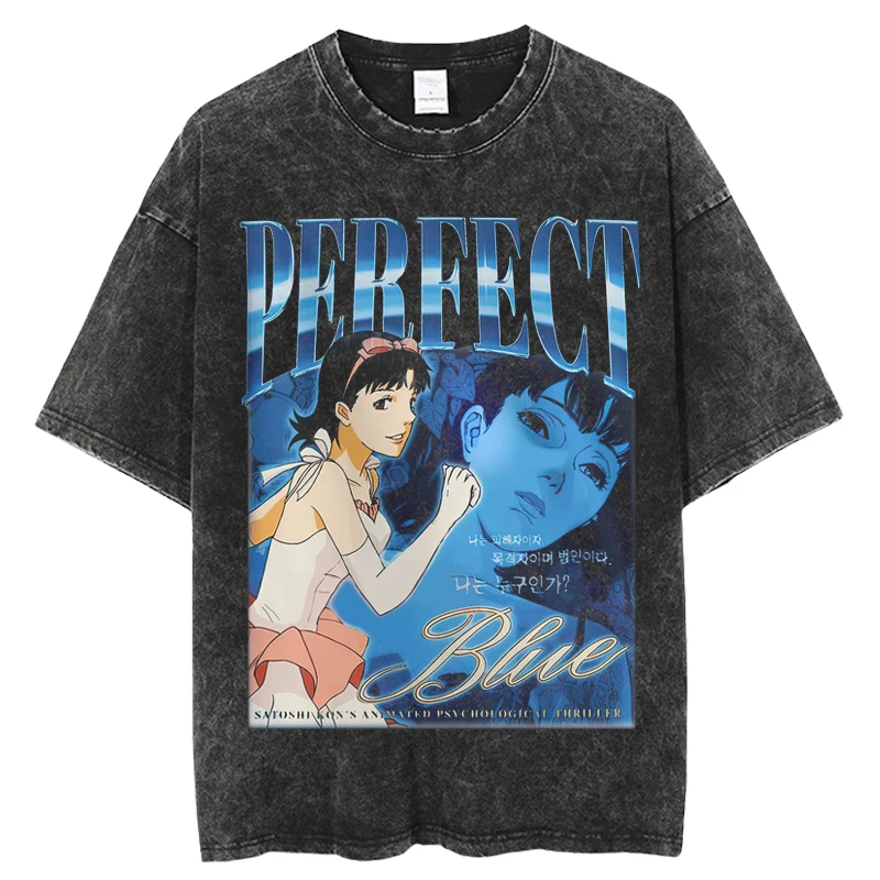Японская аниме винтажная выстиранная идеальная синяя футболка для мужчин и женщин, модная повседневная хлопковая футболка с круглым вырезом и коротким рукавом Изображение 1