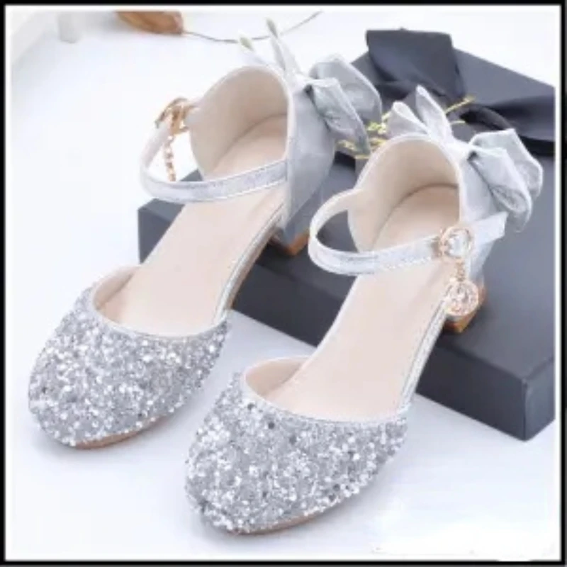 Новая обувь принцессы для девочек, Сандалии, детская обувь с блестящим бантом на низком каблуке, Детская обувь для девочек, детская обувь для вечеринок, танцевальная обувь Изображение 1