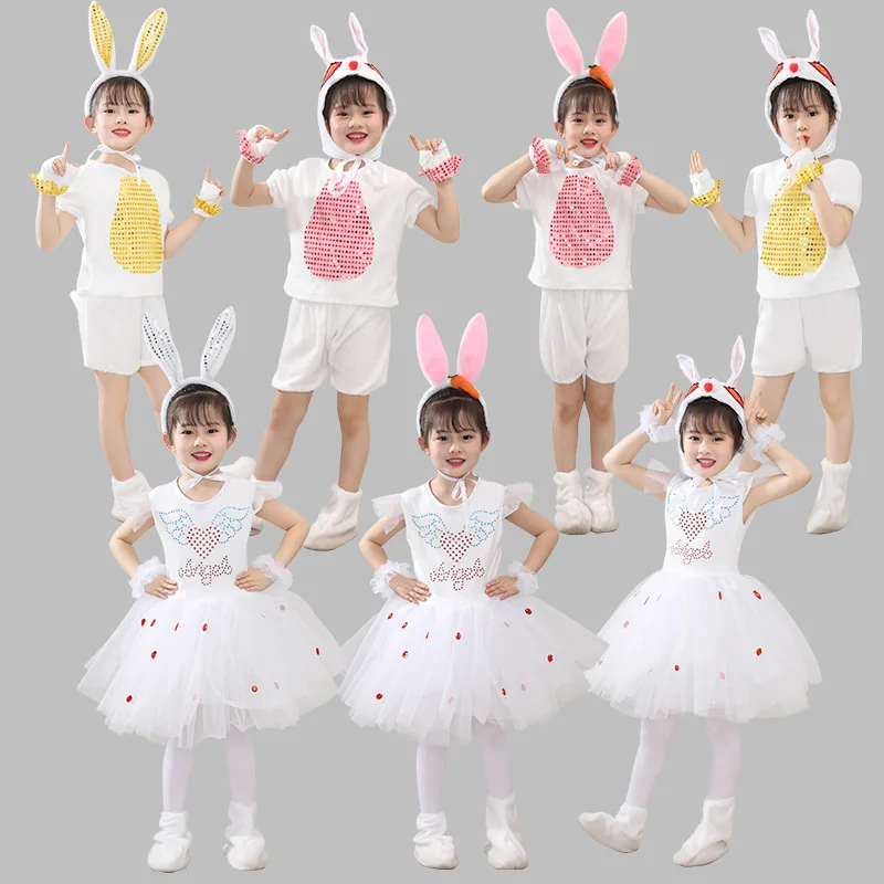 Детские костюмы для выступлений с кроликом, Комплект одежды с милыми животными, одежда для студенческих вечеринок, одежда для танцев, Юбка из пряжи для сцены детского сада Изображение 1