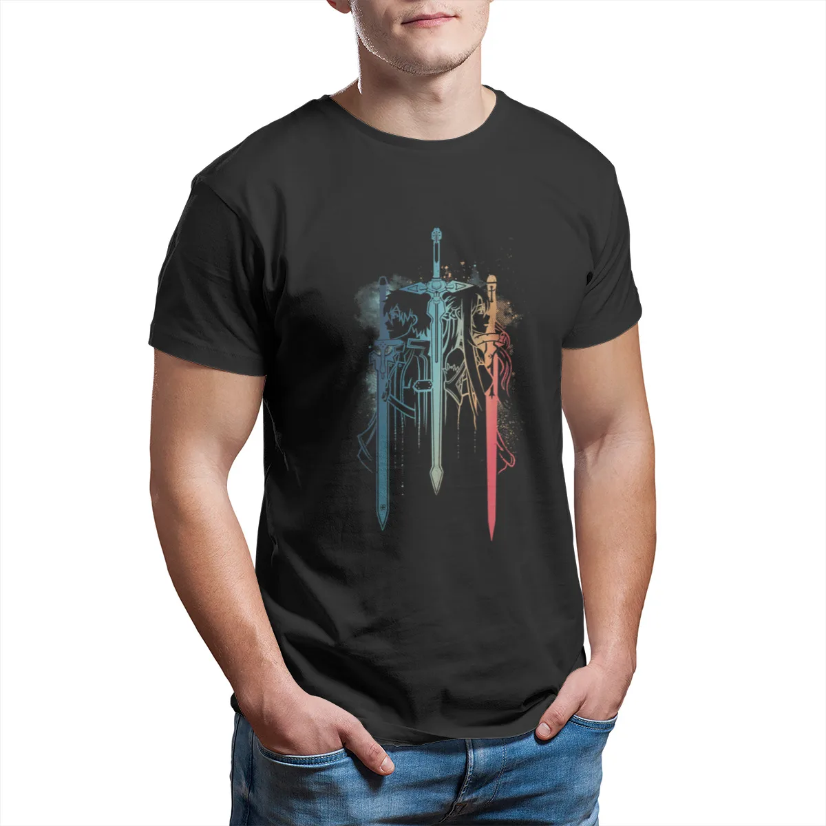 Мужская футболка Sword Art Duo, Черные Забавные футболки Оверсайз, Мужские хлопковые футболки, топы, Уличная одежда в стиле Харадзюку Изображение 2