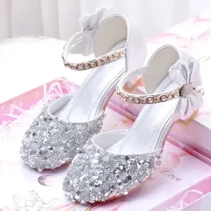 Новая обувь принцессы для девочек, Сандалии, детская обувь с блестящим бантом на низком каблуке, Детская обувь для девочек, детская обувь для вечеринок, танцевальная обувь Изображение 3