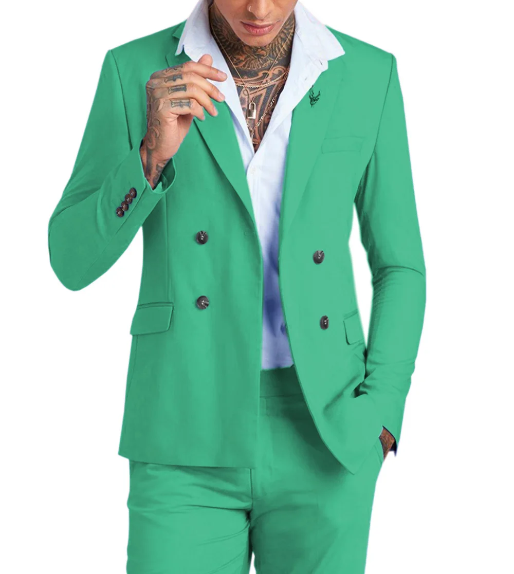 Обычные Мужские костюмы, 2 предмета, Мятно-зеленый Двубортный Смокинг, Официальные Деловые костюмы Жениха, Костюмы для Свадьбы (блейзер + брюки) Изображение 4