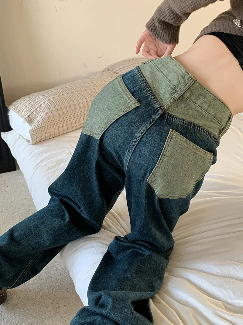 2023, Новые винтажные модные джинсы контрастного цвета в стиле пэчворк с высокой талией, женские Повседневные Свободные широкие джинсовые брюки Изображение 4