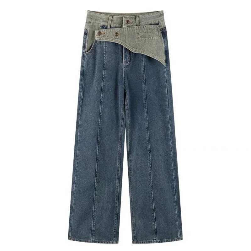 2023, Новые винтажные модные джинсы контрастного цвета в стиле пэчворк с высокой талией, женские Повседневные Свободные широкие джинсовые брюки Изображение 5