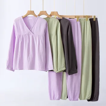 Новая весенне-осенняя женская пижама, брюки с длинными рукавами, комплект из двух предметов, 100% хлопковая крепированная пижама с V-образным вырезом, домашняя одежда для сна
