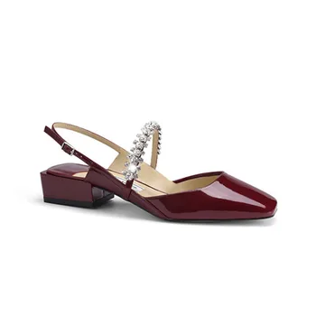 Весенне-летние женские туфли-лодочки с украшением в виде кристаллов На низком каблуке с квадратным носком, Модные кожаные туфли-лодочки, Босоножки на бретелях Mary Janes