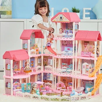 DIY Пластиковый большой кукольный домик Принцессы, большая вилла, комплект мебели для игровой комнаты со светом, собранный кукольный дом, игрушки для девочек, рождественские подарки