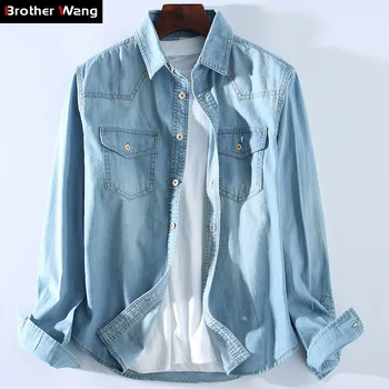 Мужская Повседневная джинсовая рубашка 4 цвета, 2023, Новая Модная хлопковая ковбойская Джинсовая рубашка с длинными рукавами, Мужская Брендовая одежда, Черный, Небесно-голубой