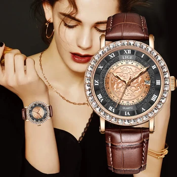 Оригинальные Женские часы LIGE, топ Роскошных Модных часов, Женский Водонепроницаемый Кожаный браслет, кварцевые женские наручные часы Montre Femme
