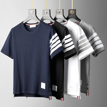 TB FOG Tide брендовая хлопковая летняя футболка с круглым вырезом и короткими рукавами в полоску, мужская футболка в полоску с четырьмя полосками, повседневная трендовая одежда для пары
