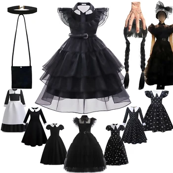 Костюмы для Косплея Wednesday Addams для маленьких девочек, Детские черные Сетчатые готические платья, Карнавальная одежда для Вечеринки на Хэллоуин, Детские платья