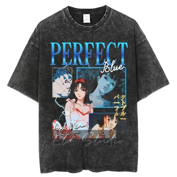 Японская аниме винтажная выстиранная идеальная синяя футболка для мужчин и женщин, модная повседневная хлопковая футболка с круглым вырезом и коротким рукавом