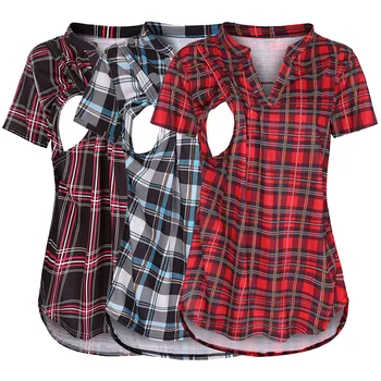 Комплекты футболок для беременных, 3 шт., Повседневные топы в клетку с коротким рукавом и принтом для беременных, Женская блузка для кормления грудью, футболка с V-образным вырезом