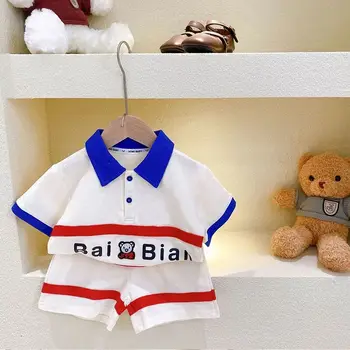 Детский хлопковый костюм с короткими рукавами для мальчиков, Летняя Новая корейская красивая детская повседневная рубашка-поло, шорты, комплект детской одежды из 2 предметов