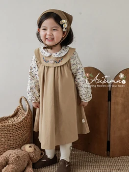 Платье трапециевидной формы с отворотом для девочек, Весенне-осеннее детское платье с цветастой вышивкой и принтом