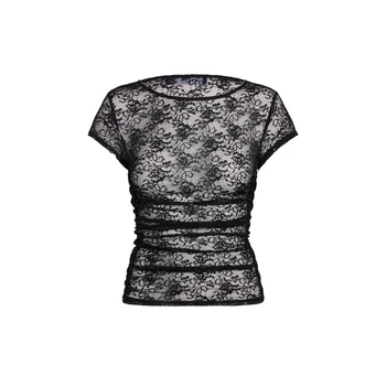 Combhasaki/ Женская винтажная футболка с цветочным кружевом Y2K, круглый вырез, короткий рукав, Прозрачные Летние обтягивающие топы с драпировкой для клубной вечеринки