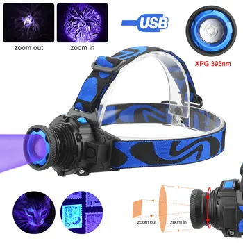 395нм Ультрафиолетовый фиолетовый УФ-Налобный фонарь USB Перезаряжаемый Головной фонарь с зумом XPG LED Фиолетовый Свет Скорпиона Для наружного обнаружения УЛЬТРАФИОЛЕТОВОГО излучения
