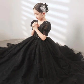 Детское вечернее платье черный элегантный принцессы для девочек высококачественные платья роскошные день рождения дефиле-шоу 