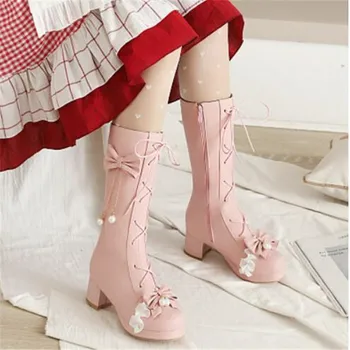 Модные ботинки для девочек, ботинки Принцессы в стиле Лолиты средней длины, женские ботинки на высоком Каблуке, Розовые, Белые, черные, с оборками и бантом, вечерние туфли 30-43
