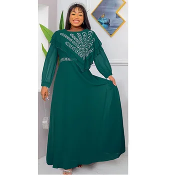 2023 Африканские Платья для Женщин, Летнее Элегантное Африканское Платье с Длинным рукавом и Круглым вырезом из Полиэстера, Белое Зеленое Платье для Свадебной вечеринки, Платье Макси