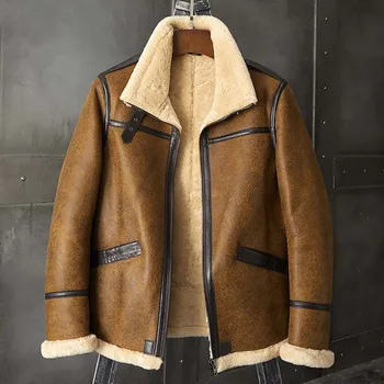 Новая мужская куртка из овечьей шерсти B1, Короткое меховое пальто, Коричневое Кожаное пальто, Модные мотоциклетные зимние парки