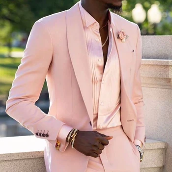 Элегантные Роскошные Свадебные костюмы с отворотом из розовой шали для мужчин, Костюм Жениха на одной пуговице, Homme Terno Masculino Slim Fit, 2 предмета в комплекте
