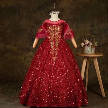 бордовое зимнее платье-пачка с блестками на одно плечо 2023, платье принцессы для девочек, выступление на подиуме