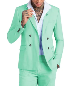 Обычные Мужские костюмы, 2 предмета, Мятно-зеленый Двубортный Смокинг, Официальные Деловые костюмы Жениха, Костюмы для Свадьбы (блейзер + брюки)