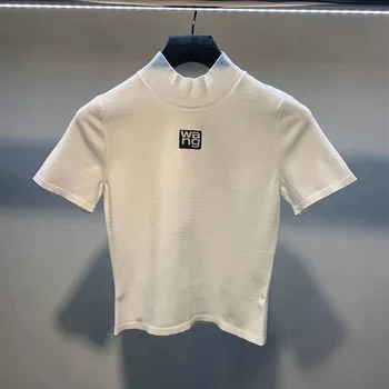 Модный дизайн Wang с воротником-стойкой и буквами, вязаный топ с коротким рукавом, облегающая футболка