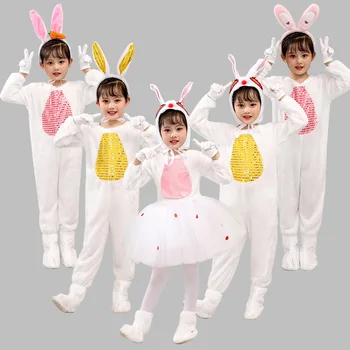 Детские костюмы для выступлений с кроликом, Комплект одежды с милыми животными, одежда для студенческих вечеринок, одежда для танцев, Юбка из пряжи для сцены детского сада