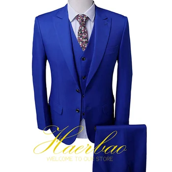 Королевский синий Свадебный смокинг для мужчин, пиджак для официальной вечеринки из трех частей, Брючный жилет, одежда для вечеринки Жениха, костюм Шафера, Блейзер