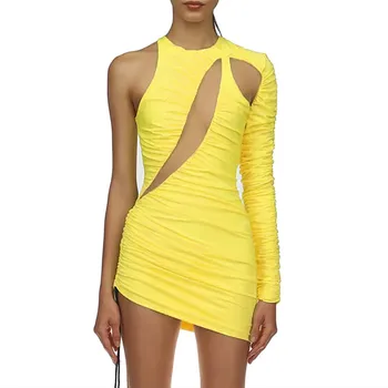 Сексуальные Облегающие Платья для Женщин Желтого Цвета с Вырезом на одно плечо, Длинный Рукав, Мини-Длина, Вечернее Платье для Ночного Клуба, Vestidos Mujer Dress