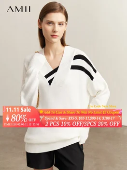 AMII Минимализм, Осенний Новый свитер в полоску для женщин 2022, Повседневные свободные топы с длинным рукавом, лоскутная женская одежда 12270539