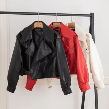 2023, Новая модная Короткая куртка из искусственной кожи с Серебряным Отворотом, Женская Кожаная Свободная Уличная куртка, Кожаные Блейзеры Для женщин