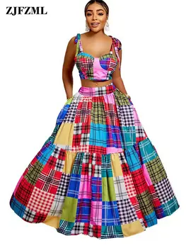 Летняя женская одежда, комплекты с юбкой из 2 предметов, винтажные укороченные топы на бретельках, без спинки и с высокой талией, бальное платье с большими размахами