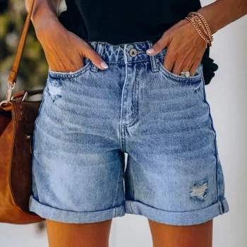 2023 Летние Джинсовые шорты больших Размеров, Женская одежда, Повседневные Свободные Эластичные Джинсы с высокой талией, широкие прямые короткие джинсы, Уличная одежда
