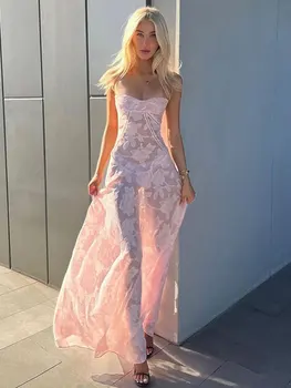 2023 Летнее Сексуальное женское платье без рукавов на тонких бретельках в стиле Y2K, элегантные платья для вечеринок, Розовый кружевной принт