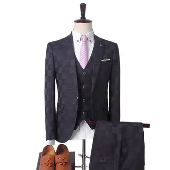 Мужской клетчатый костюм, модные блейзеры и брюки, комплект из 3 предметов, мужской блейзер, деловые костюмы