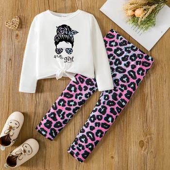 PatPat/ комплект из 2 предметов, футболка с длинными рукавами и леопардовым принтом для маленьких девочек, футболка с узлом и леопардовым принтом, леггинсы
