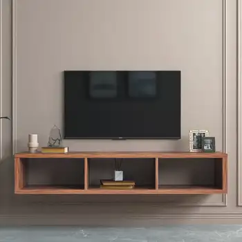 Мелкая плавающая телевизионная консоль для телевизоров до 60 дюймов с 3 полками для хранения, коричневого цвета