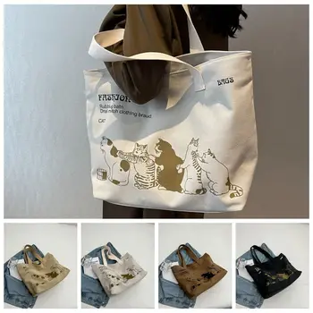 Сумка-тоут с надписью Cat, симпатичная холщовая сумка с животными, универсальные покупки в японском стиле