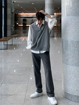 Однотонный вязаный жилет Kahki, весенне-осенний корейский трендовый свитер с V-образным вырезом, пуловеры, жилеты, верхняя одежда, свободный жилет, простой
